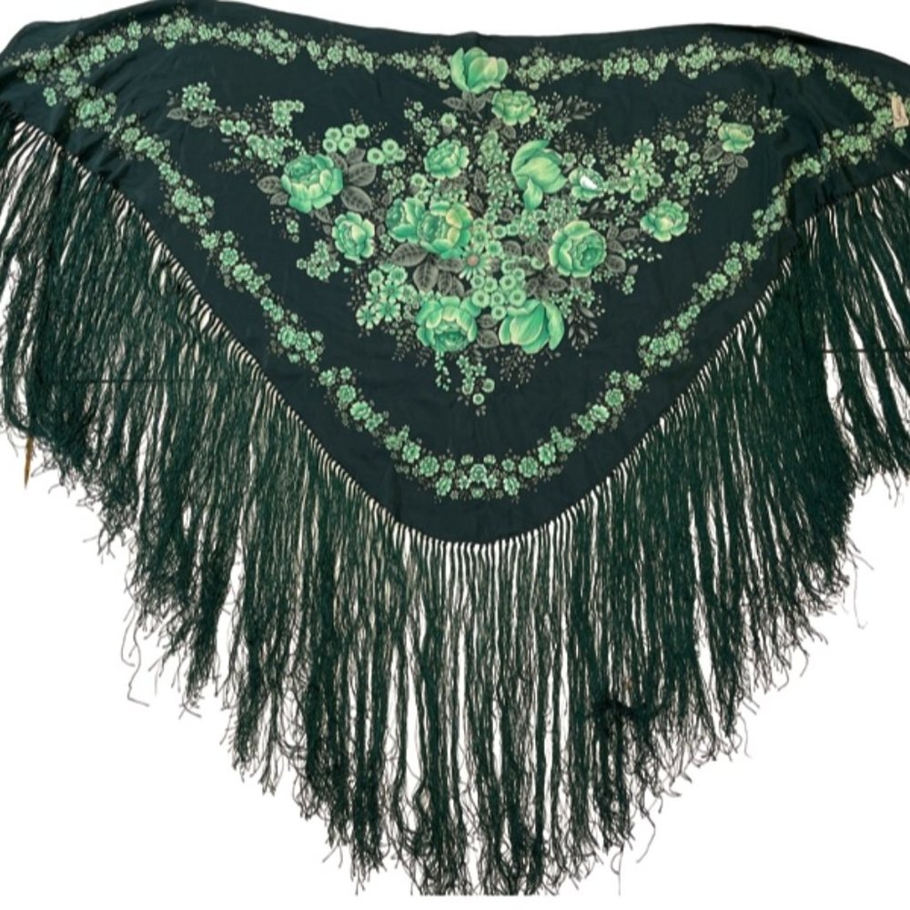 Vintage Gucci 1970s Silk Floral Piano Shawl Green Fringe